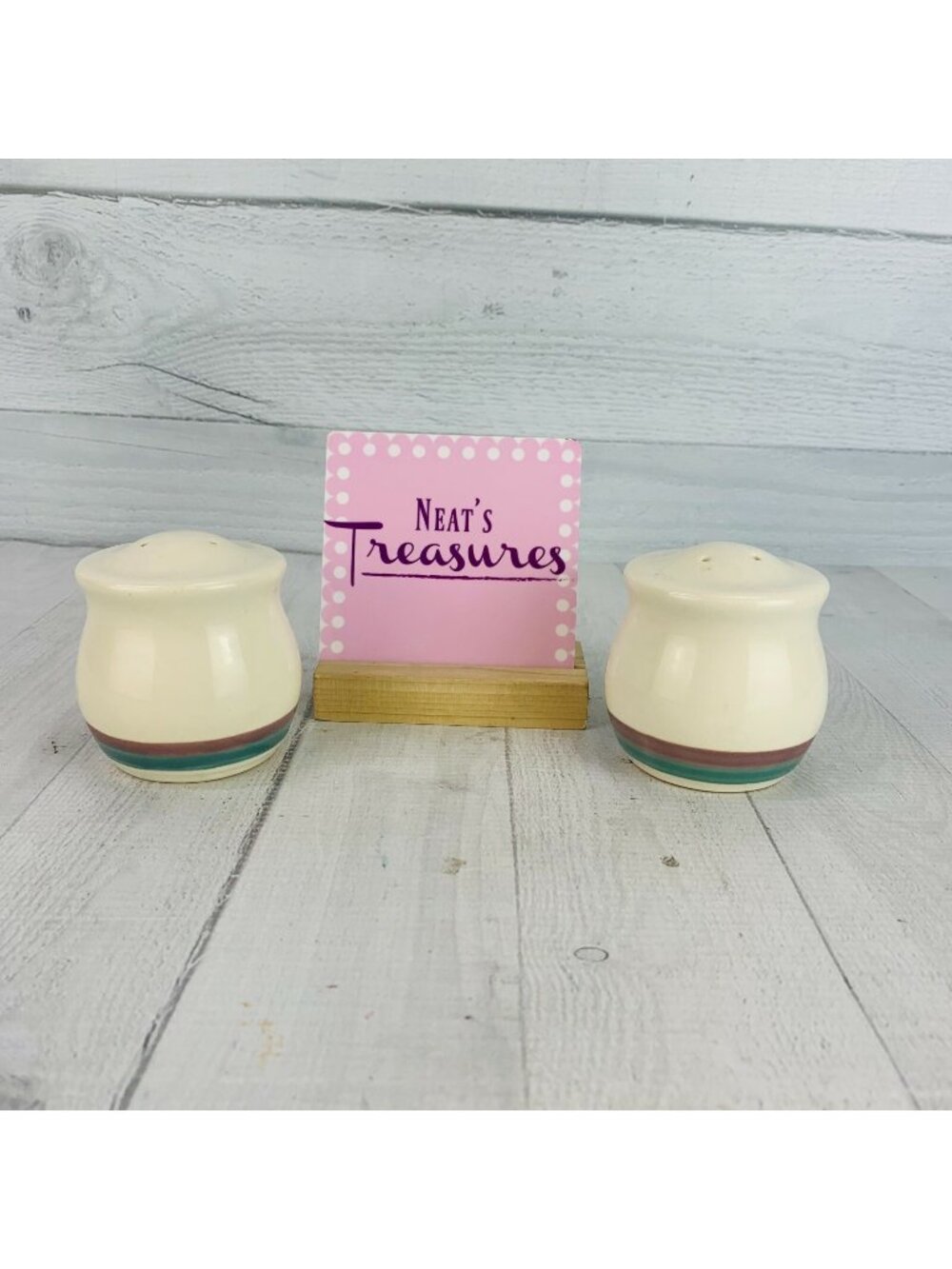 Pfaltzgraff JUNIPER  Stoneware Green  Mauve Bands 4 / 3 Salt Pepper Shaker Set 2